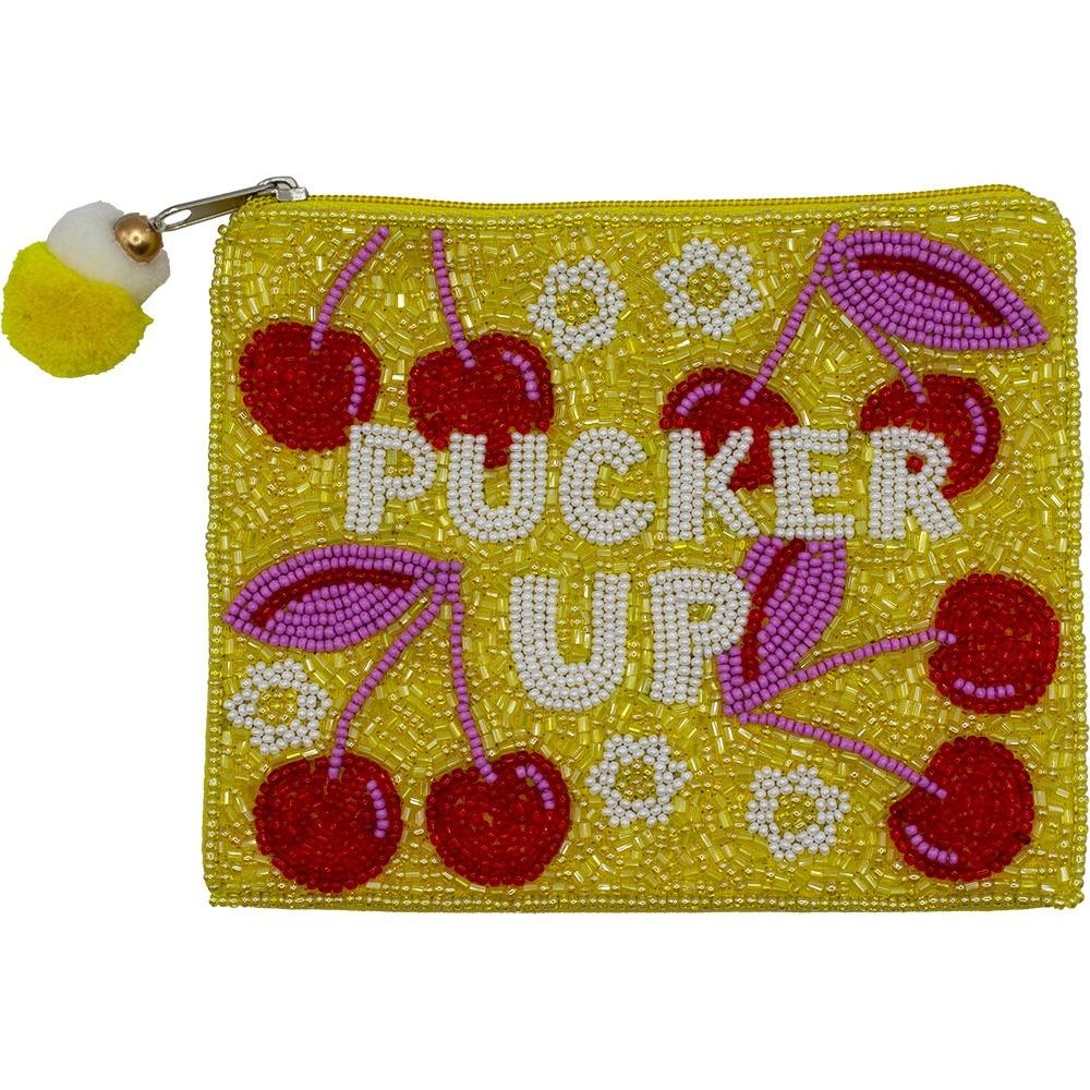 "PUCKER UP" Cherries Seed Beaded Canvas Bag With Pom Pom Zipper - Fully Lined Inside - 100% Cotton Bag - Approximately 5.5" L X 4.5" T view 2