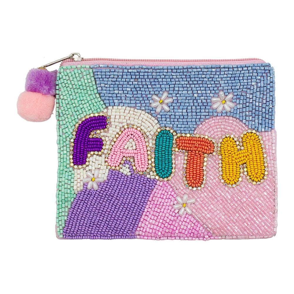 "FAITH" Seed Beaded Canvas Bag With Pom Pom Zipper & Rhinestone Details - Fully Lined Inside - 100% Cotton Bag - Approximately 5.5" L X 4.5" T view 2