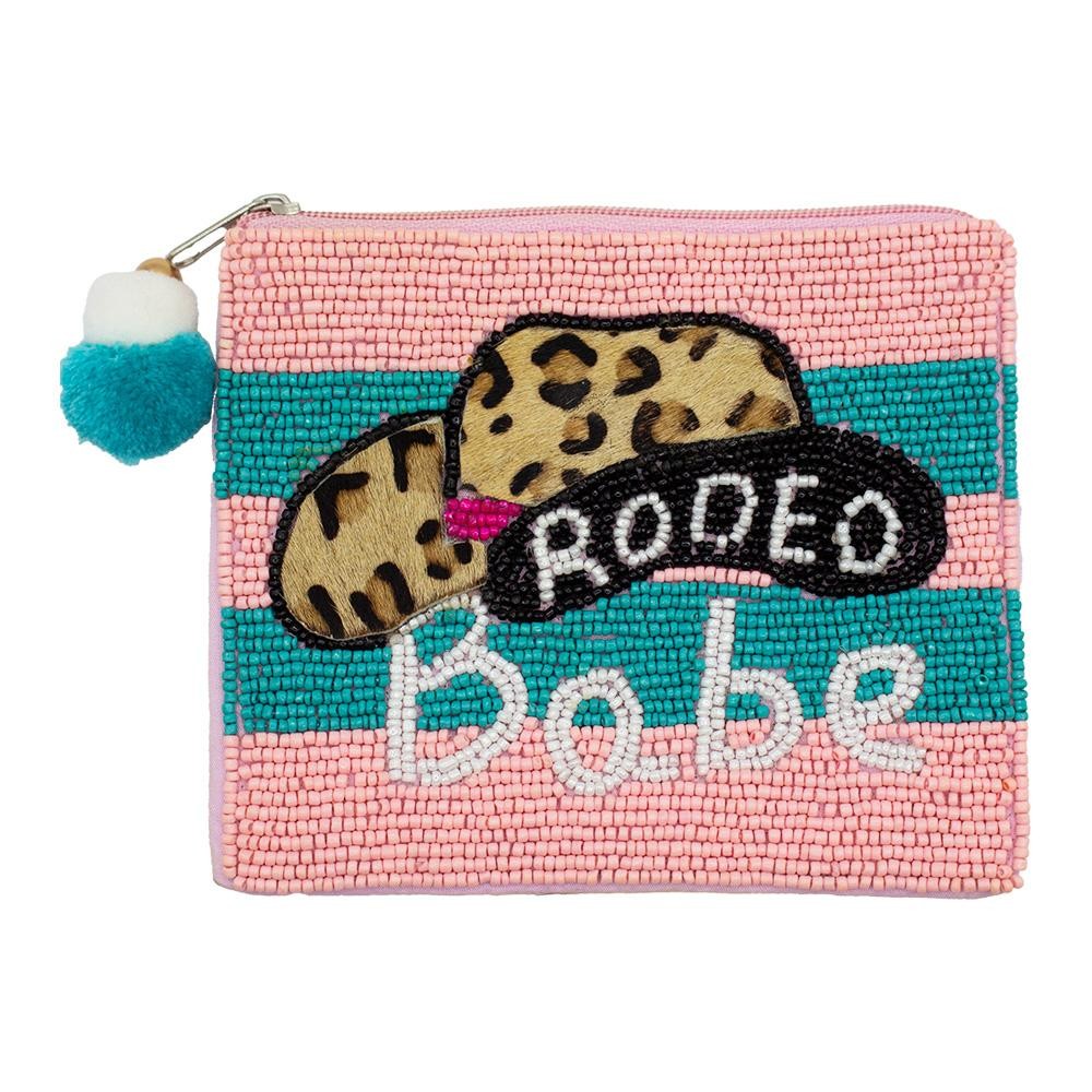 "Rodeo Babe" Seed Beaded Canvas Bag With Pom Pom Zipper - Fully Lined Inside - 100% Cotton Bag - Approximately 5.5" L X 4.5" T view 2