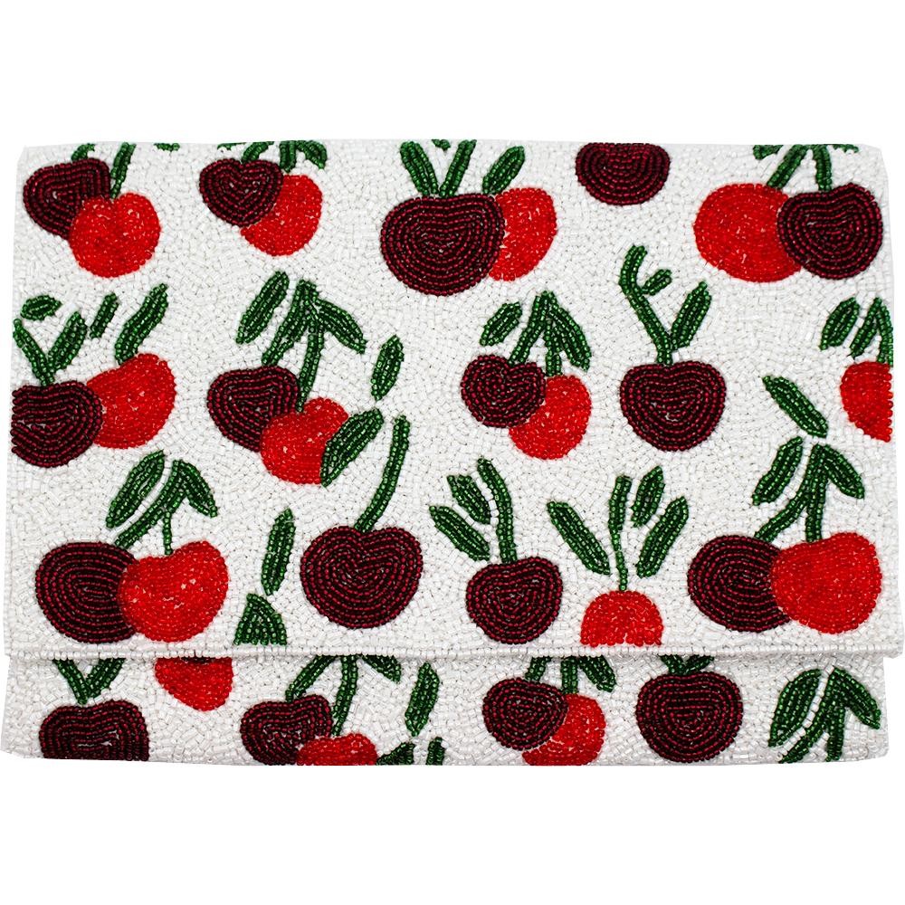 Cherries Seed Beaded Canvas Clutch - Snap Closure - Removable Chain Strap - Fully Lined Inside - 100% Cotton Bag - Approximately 10" L X 6" T view 2