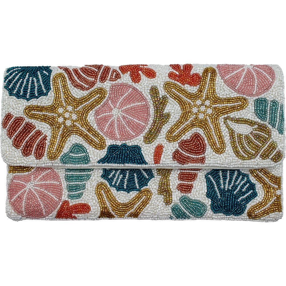 Shells & Starfish Seed Beaded Canvas Clutch - Snap Closure - Removable Chain Strap - Fully Lined Inside - 100% Cotton Bag - Approximately 10" L X 6" T view 2