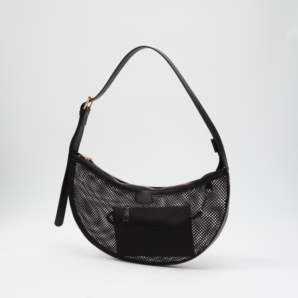 Rounded Mesh Tote Bag With Vegan Leather Trim & Removable Wallet - Zip Closure - Removeable Vegan Leather Wallet - Adjustable Handle 7"-11" L - Approximately 12.5" L X 6" T X .75" D view 2