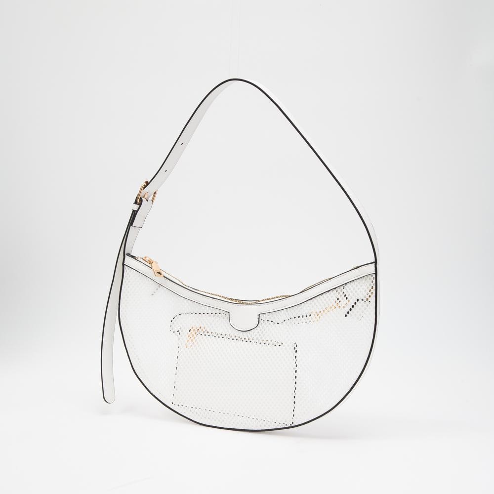 Rounded Mesh Tote Bag With Vegan Leather Trim & Removable Wallet - Zip Closure - Removeable Vegan Leather Wallet - Adjustable Handle 7"-11" L - Approximately 12.5" L X 6" T X .75" D view 2