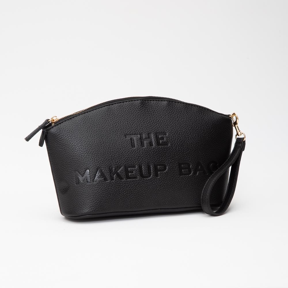Vegan Leather Makeup Bag With Embossed " THE MAKEUP BAG" Detail - Full Zip Closure - Removeable Wristlet - 1 Internal Zip Pocket - Approximately 10.5" L X 6.5" T X 3" D view 2