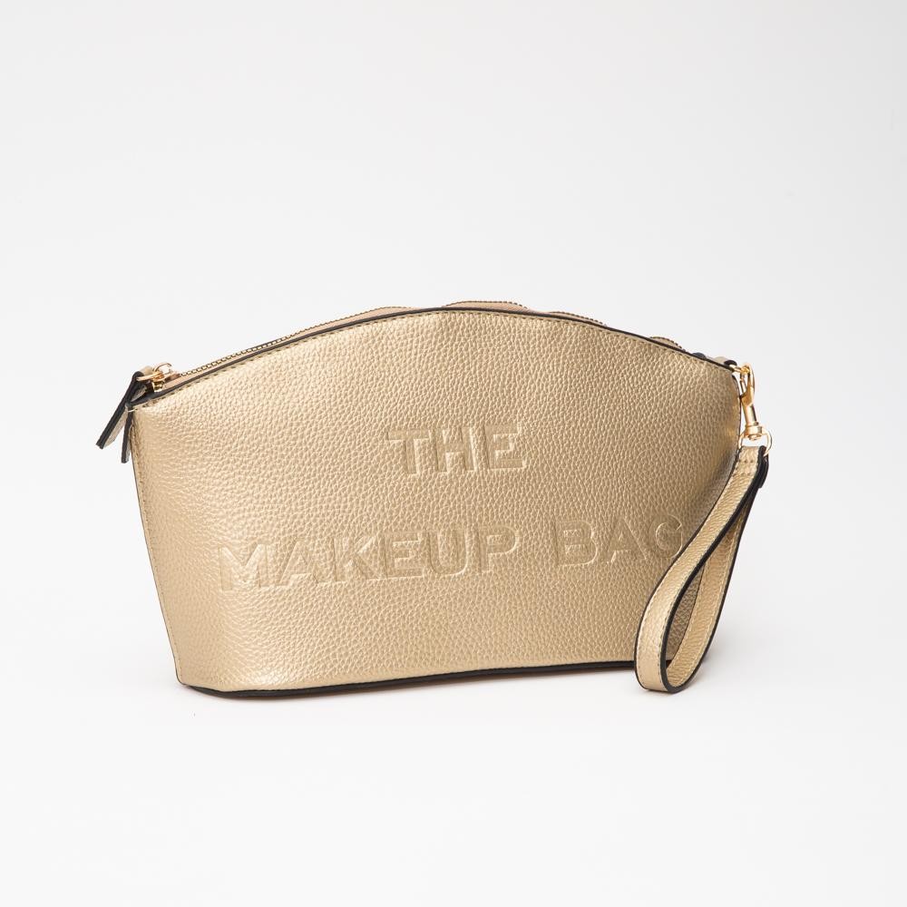 Vegan Leather Makeup Bag With Embossed " THE MAKEUP BAG" Detail - Full Zip Closure - Removeable Wristlet - 1 Internal Zip Pocket - Approximately 10.5" L X 6.5" T X 3" D view 2