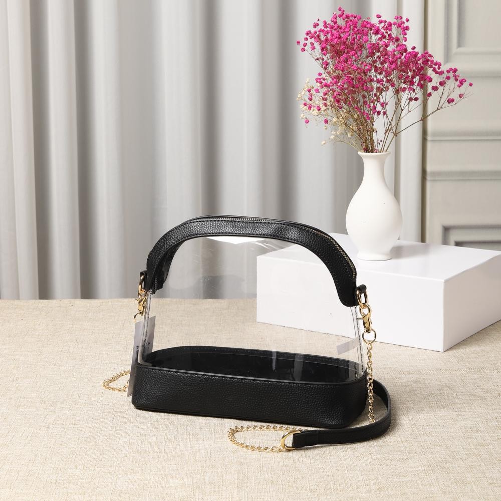 Clear Crossbody Bag With Vegan Leather Trim - Zip Closure - Removable Chain Link Crossbody Strap 50" L - Approximately 11" L X 8.25" T X 4.25" W view 2