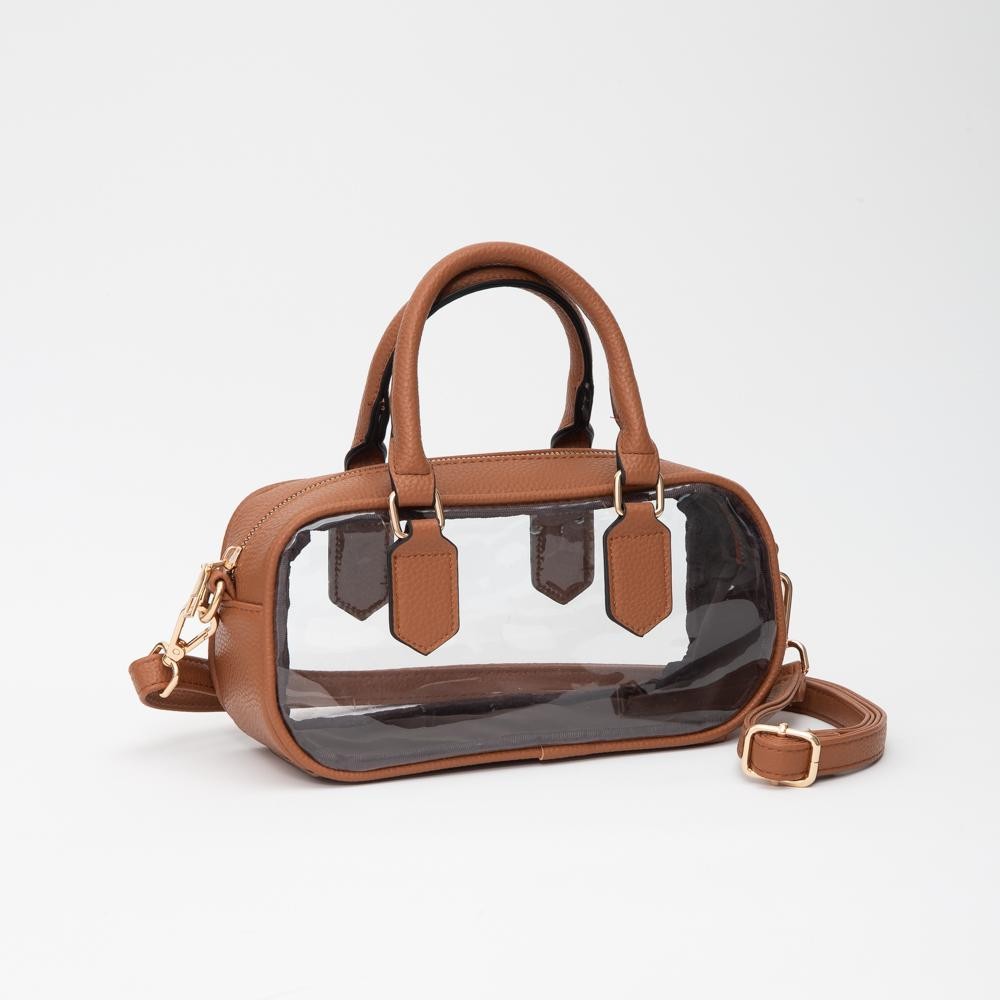 Clear Crossbody Tote Bag With Vegan Leather Trim - Zip Closure - Removeable Vegan Leather Crossbody Strap - Approximately 9" L X 5" T X 3.5" D - Handle Drop 4" L view 2