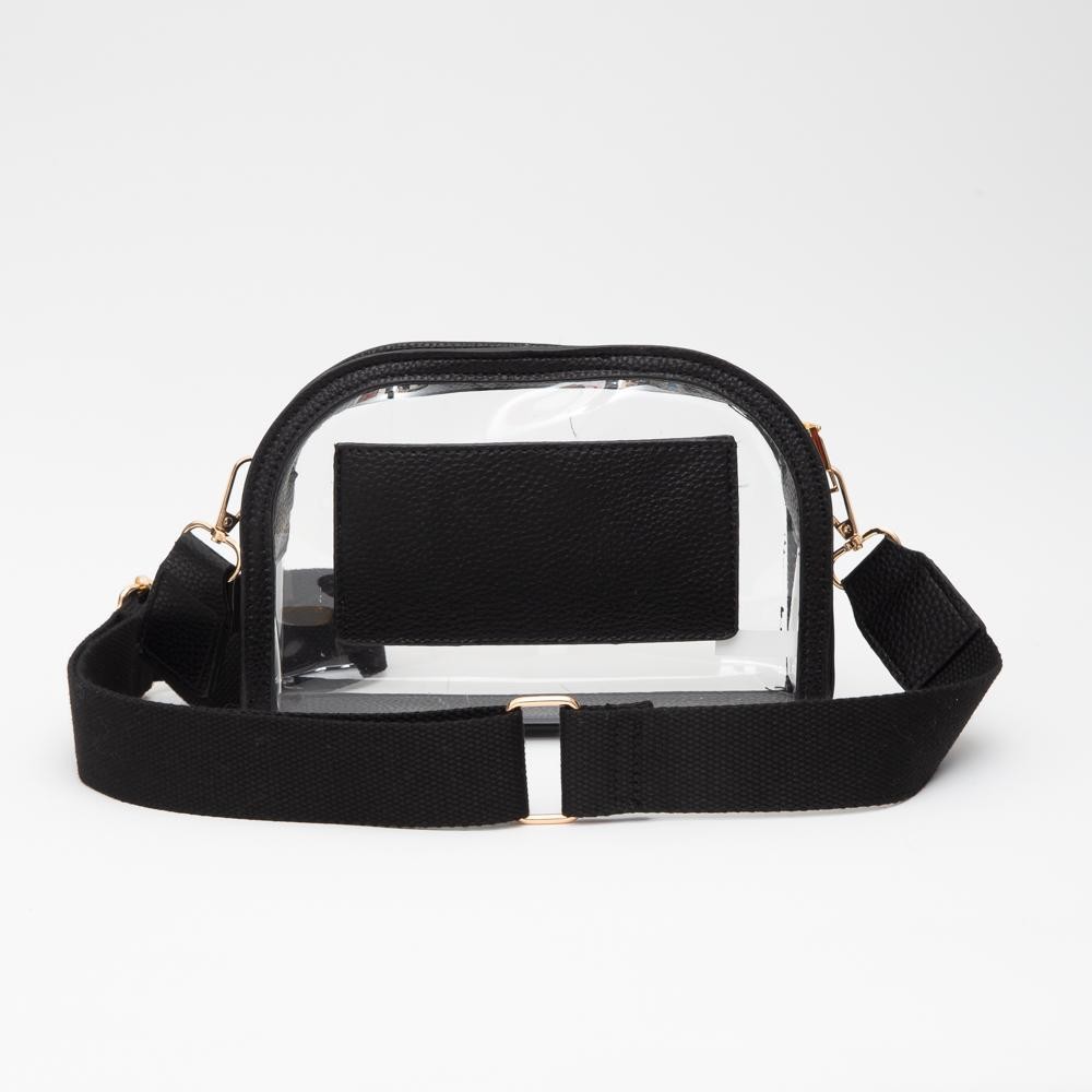 Clear Crossbody Bag With Vegan Leather Trim - Zip Closure - 1 Open Outer Pocket - Removeable Canvas Strap 46" L - Approximately 8.5" L x 5.5" T x 1.5" D view 6
