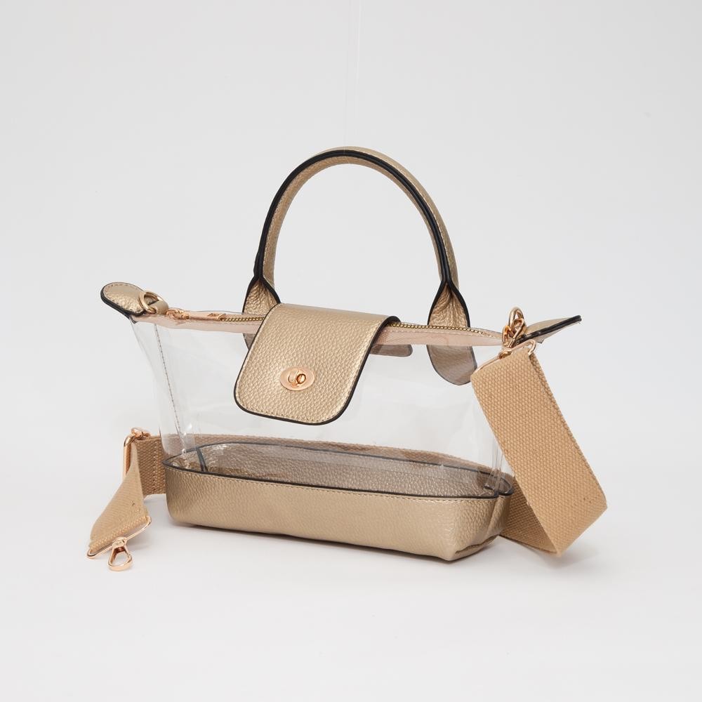 Clear Tote Crossbody Bag With Vegan Leather Trim - Full Zip Closure With Twist Lock - Removeable Canvas Crossbody Strap - 1 Vegan Leather Handle - 3" L - Approximately 10" L X 6" T X 2.5" D view 2