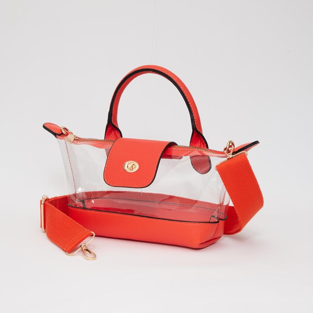 Clear Tote Crossbody Bag With Vegan Leather Trim - Full Zip Closure With Twist Lock - Removeable Canvas Crossbody Strap - 1 Vegan Leather Handle - 3" L - Approximately 10" L X 6" T X 2.5" D view 2
