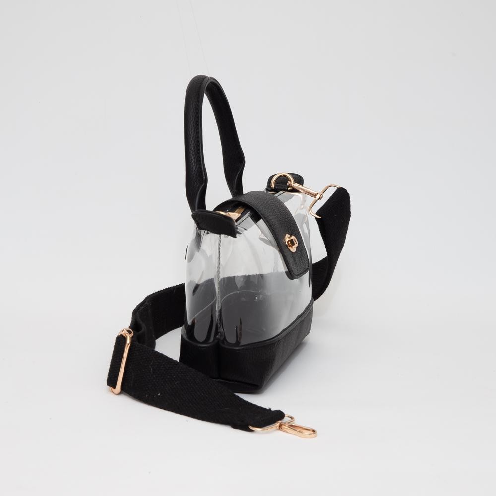 Clear Tote Crossbody Bag With Vegan Leather Trim - Full Zip Closure With Twist Lock - Removeable Canvas Crossbody Strap - 1 Vegan Leather Handle - 3" L - Approximately 10" L X 6" T X 2.5" D view 4