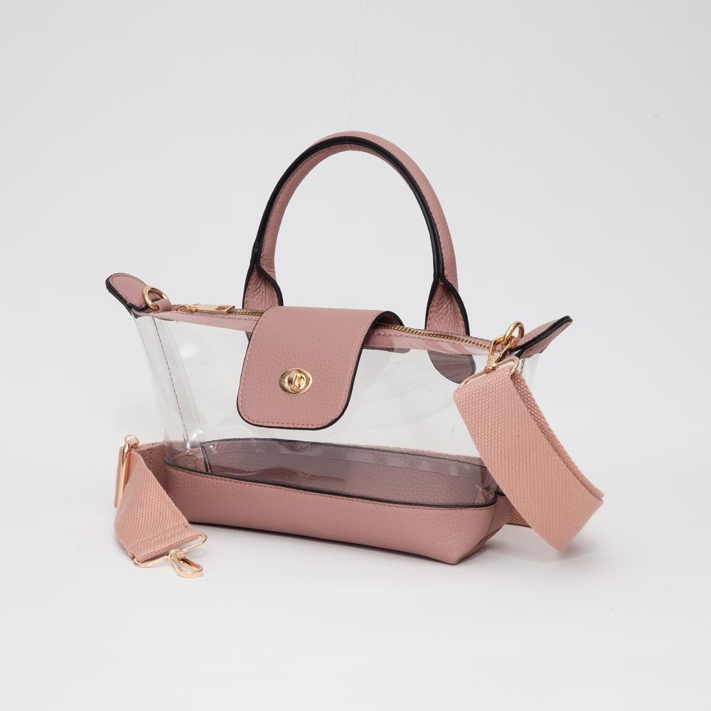 Clear Tote Crossbody Bag With Vegan Leather Trim - Full Zip Closure With Twist Lock - Removeable Canvas Crossbody Strap - 1 Vegan Leather Handle - 3" L - Approximately 10" L X 6" T X 2.5" D view 2