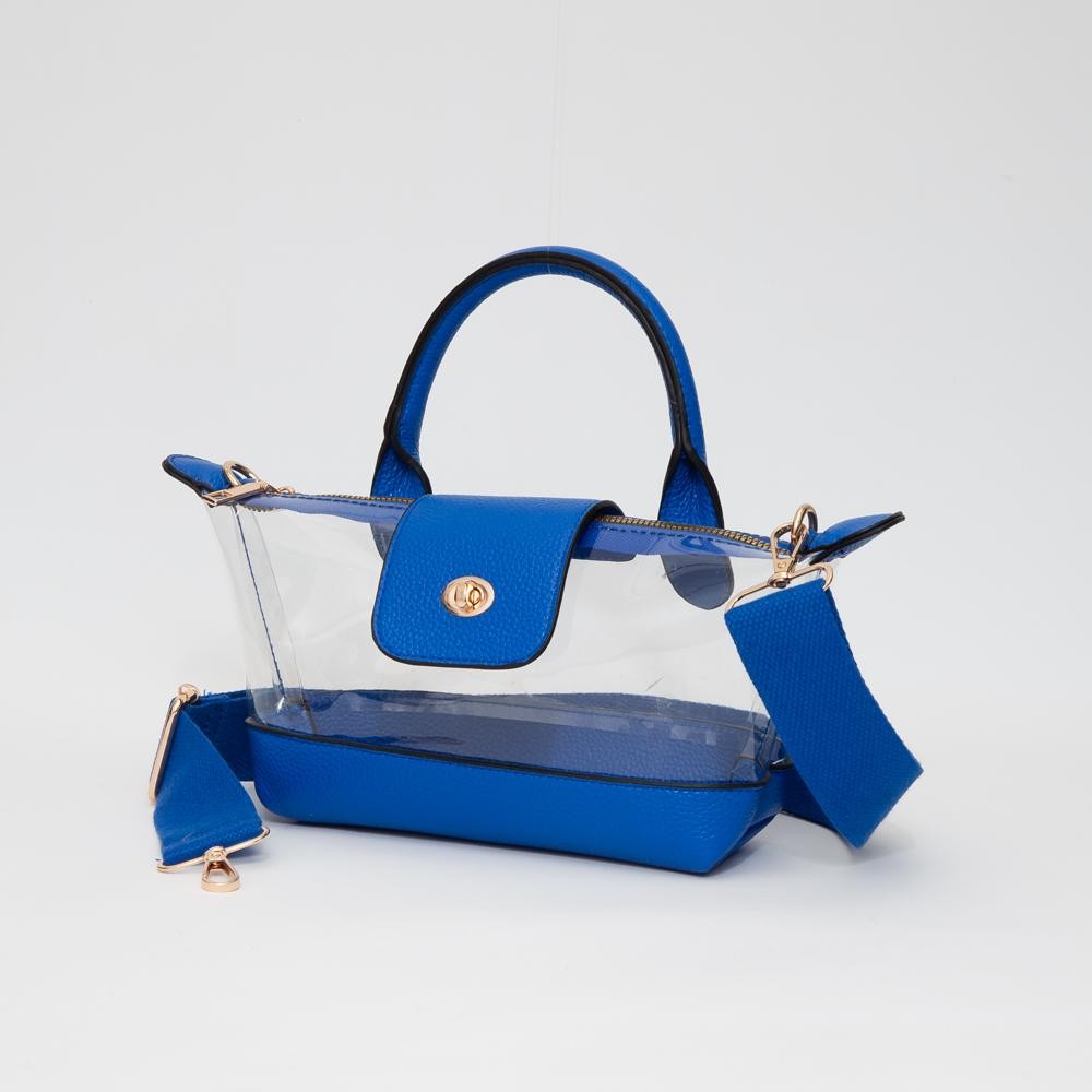 Clear Tote Crossbody Bag With Vegan Leather Trim - Full Zip Closure With Twist Lock - Removeable Canvas Crossbody Strap - 1 Vegan Leather Handle - 3" L - Approximately 10" L X 6" T X 2.5" D view 2