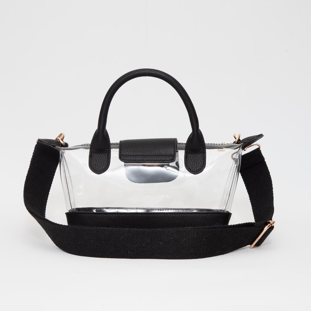 Clear Tote Crossbody Bag With Vegan Leather Trim - Full Zip Closure With Twist Lock - Removeable Canvas Crossbody Strap - 1 Vegan Leather Handle - 3" L - Approximately 10" L X 6" T X 2.5" D view 6