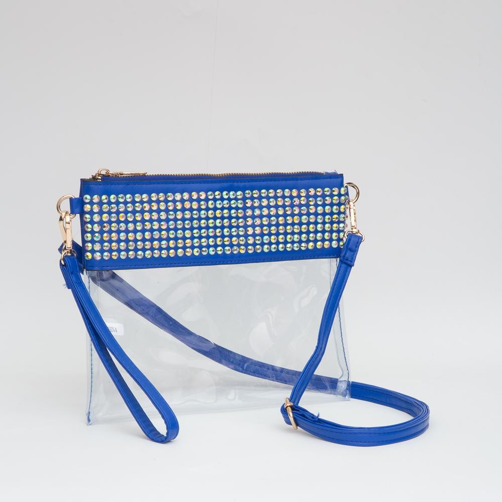 Clear Wristlet With Vegan Leather Trim & Rhinestone Stud Details - Zip Closure - Removeable Wristlet 20"-38" L - Removable Vegan Leather Crossbody Strap - Approximately 9" L X 8" T view 2