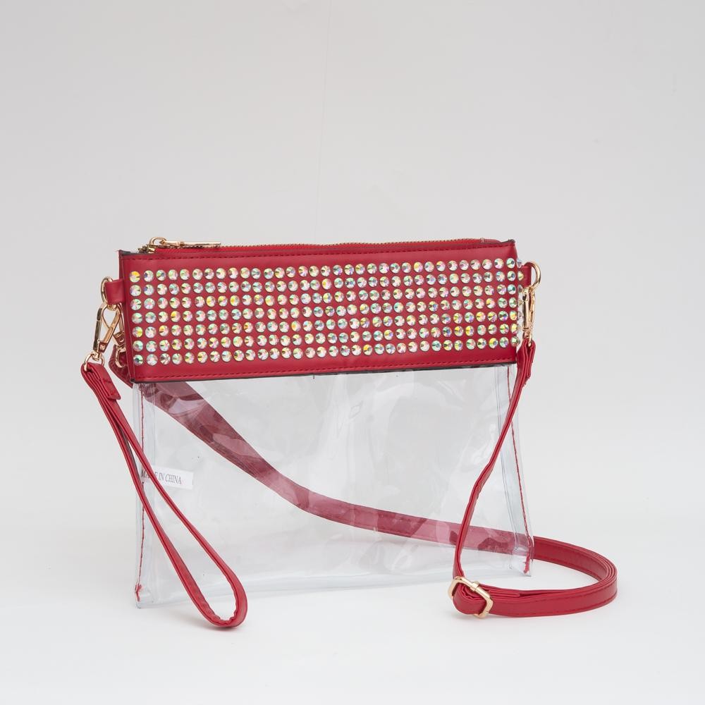 Clear Wristlet With Vegan Leather Trim & Rhinestone Stud Details - Zip Closure - Removeable Wristlet 20"-38" L - Removable Vegan Leather Crossbody Strap - Approximately 9" L X 8" T view 2