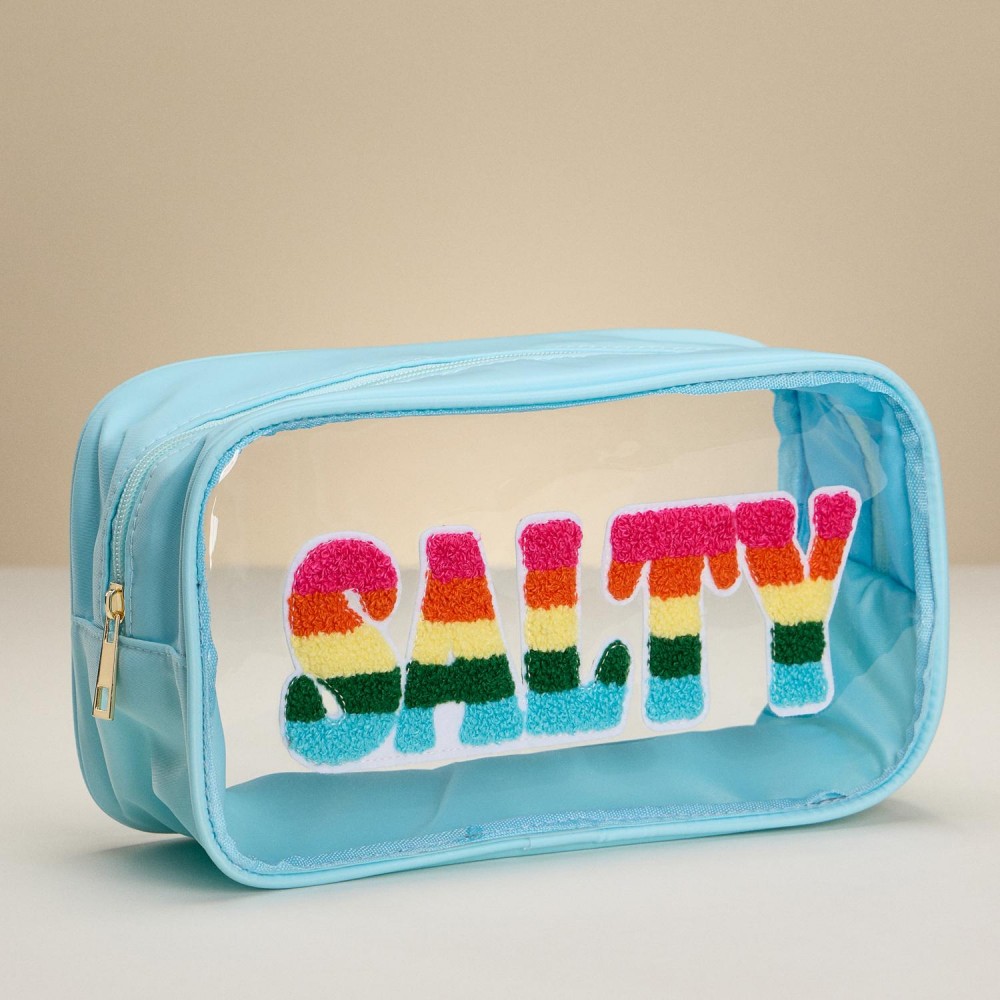 "SALTY" Rainbow Chenille Patch Clear Pouch - Full Zip Closure - Approximately 9.75" L X 5.5" T X 3.5" D view 4