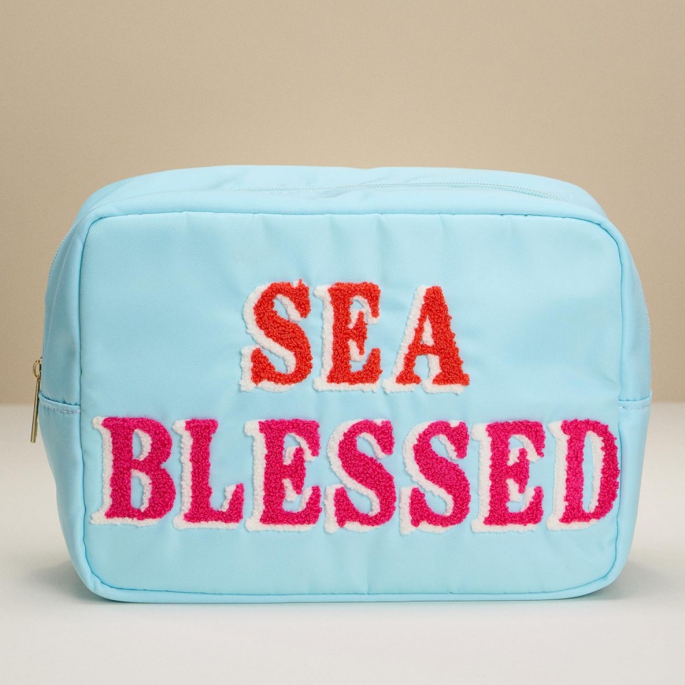 Nylon "SEA BLESSED" Chenille Patch Pouch - Full Zip Closure - Lined Body - Approximately 10" L X 7.5" T X 4.5" D view 2
