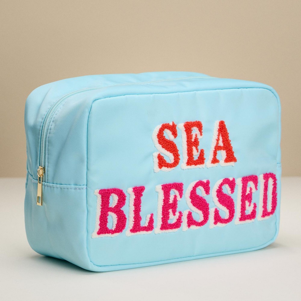 Nylon "SEA BLESSED" Chenille Patch Pouch - Full Zip Closure - Lined Body - Approximately 10" L X 7.5" T X 4.5" D view 4