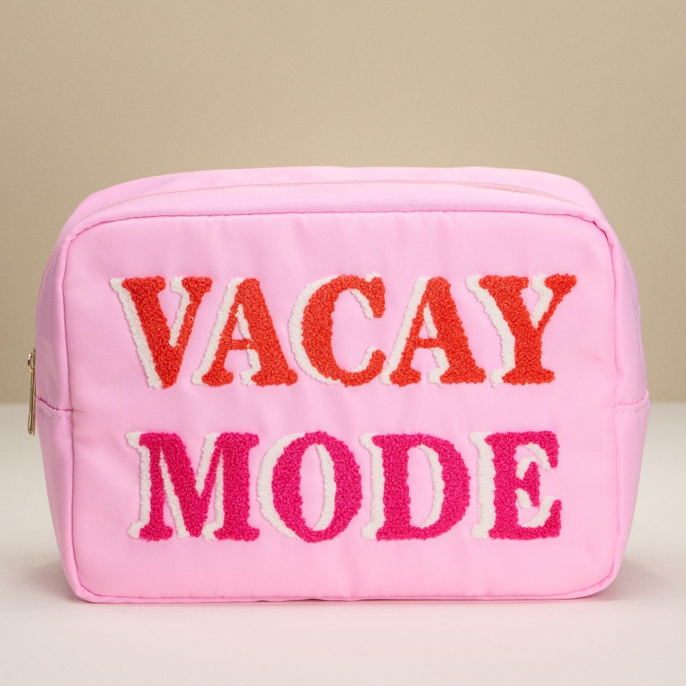 Nylon "VACAY MODE" Chenille Patch Pouch - Full Zip Closure - Lined Body - Approximately 10" L X 7.5" T X 4.5" D view 2