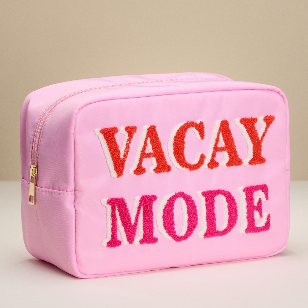Nylon "VACAY MODE" Chenille Patch Pouch - Full Zip Closure - Lined Body - Approximately 10" L X 7.5" T X 4.5" D view 4