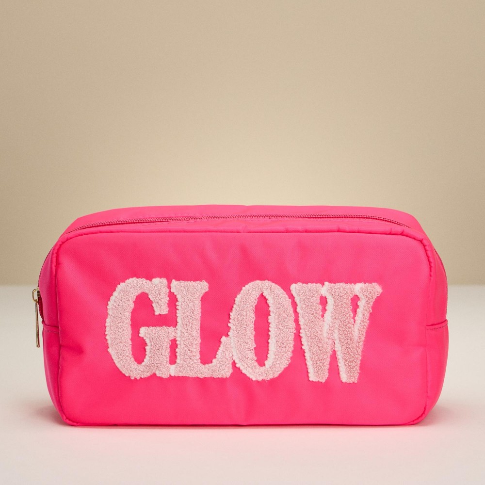 "GLOW" Chenille Patch Nylon Pouch - Full Zip Closure - Lined Body - Approximately 9.5" L X 5" T X 3" D view 2
