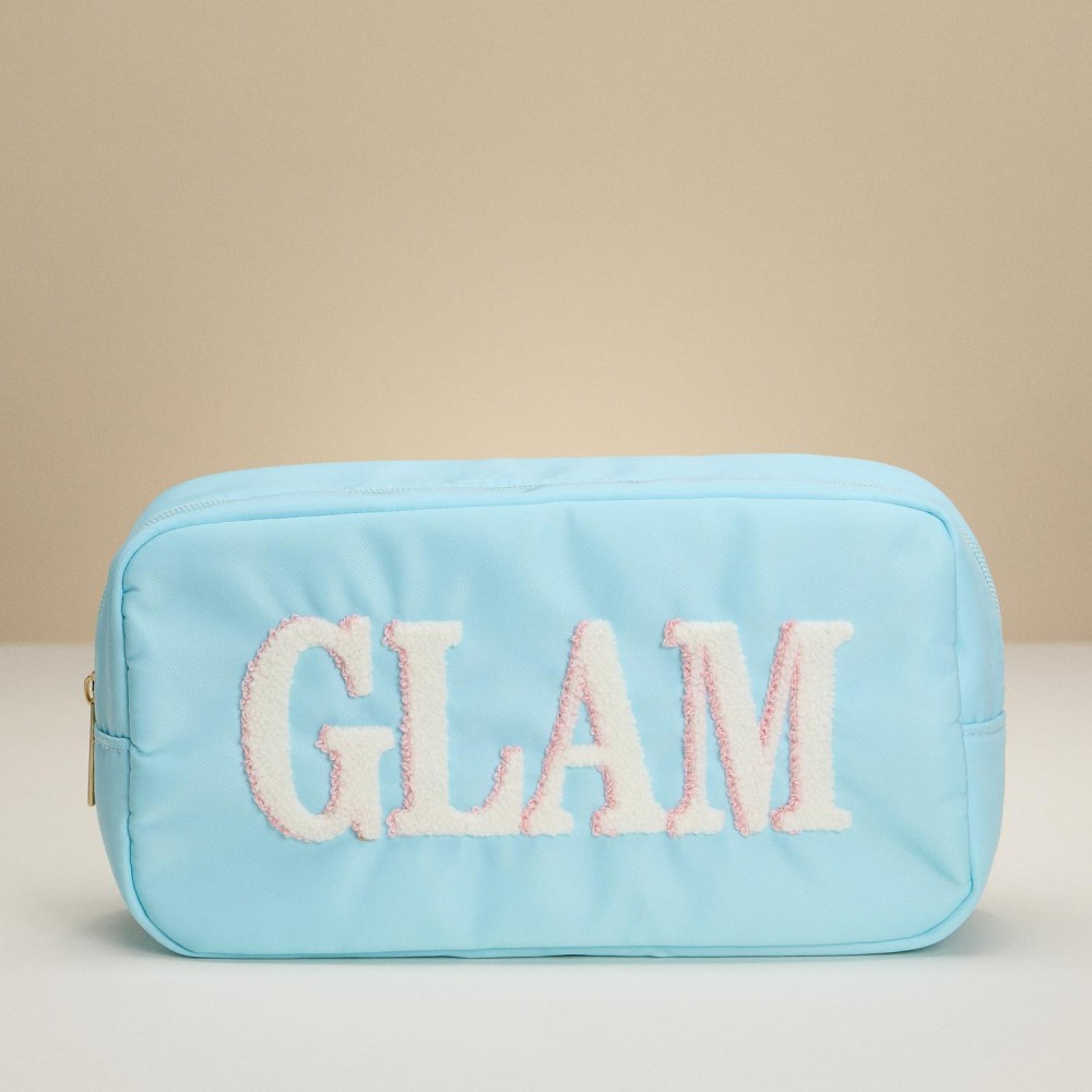 "GLAM" Chenille Patch Nylon Pouch - Full Zip Closure - Lined Body - Approximately 9.5" L X 5" T X 3" D view 2