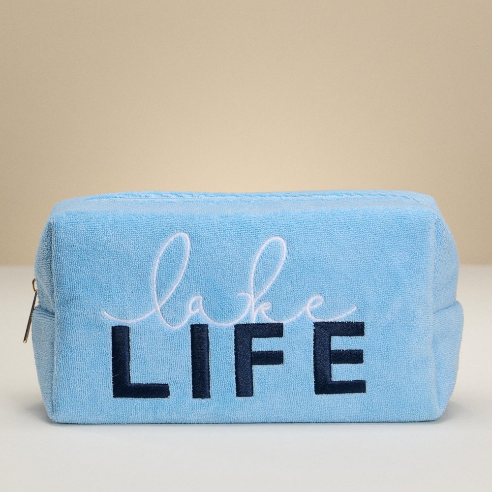 "Lake Life" Embroidered Terry Cloth Pouch - Full Zip Closure - Lined Body - Approximately 8" L X 5" T X 3" D view 2