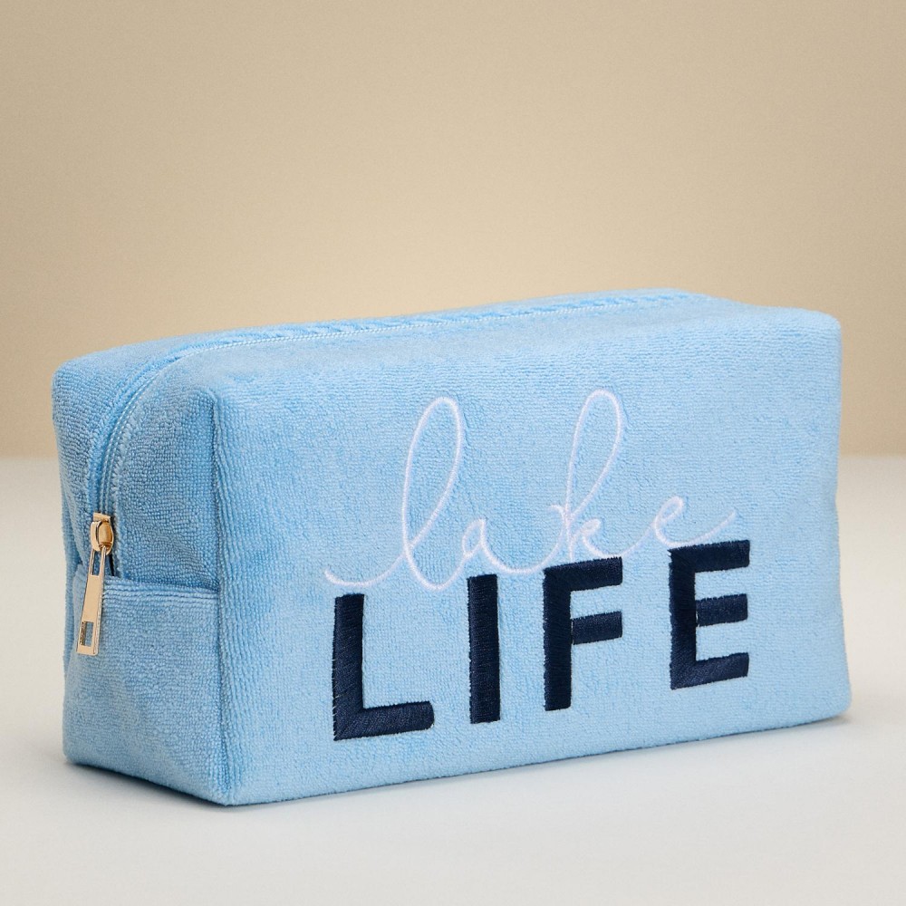 "Lake Life" Embroidered Terry Cloth Pouch - Full Zip Closure - Lined Body - Approximately 8" L X 5" T X 3" D view 6