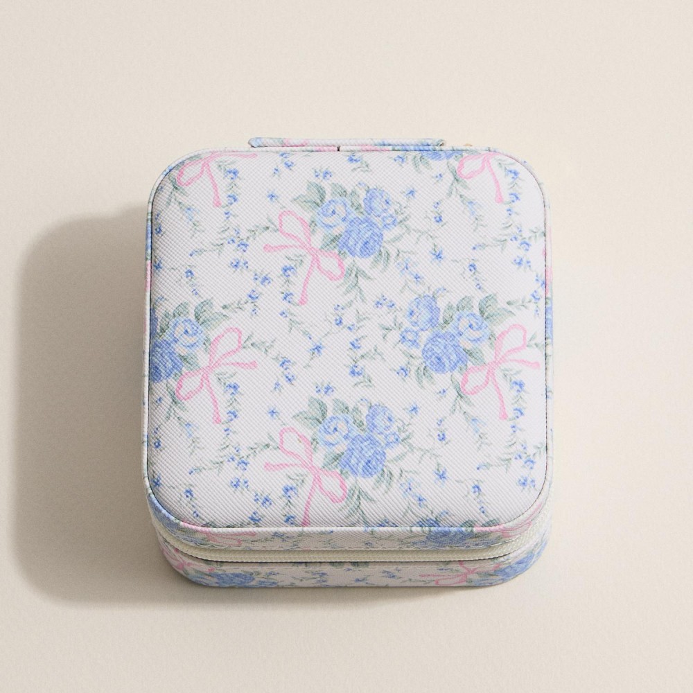 Flowers & Bows Travel Jewelry Box - Full Zipper Closure - Mirror & Earring Holder Divider - Removable Divider Organizer - 6 Ring Slots & 3 Necklace Hooks - Approximately 3.5" L X 3.75" T X 2" D view 2