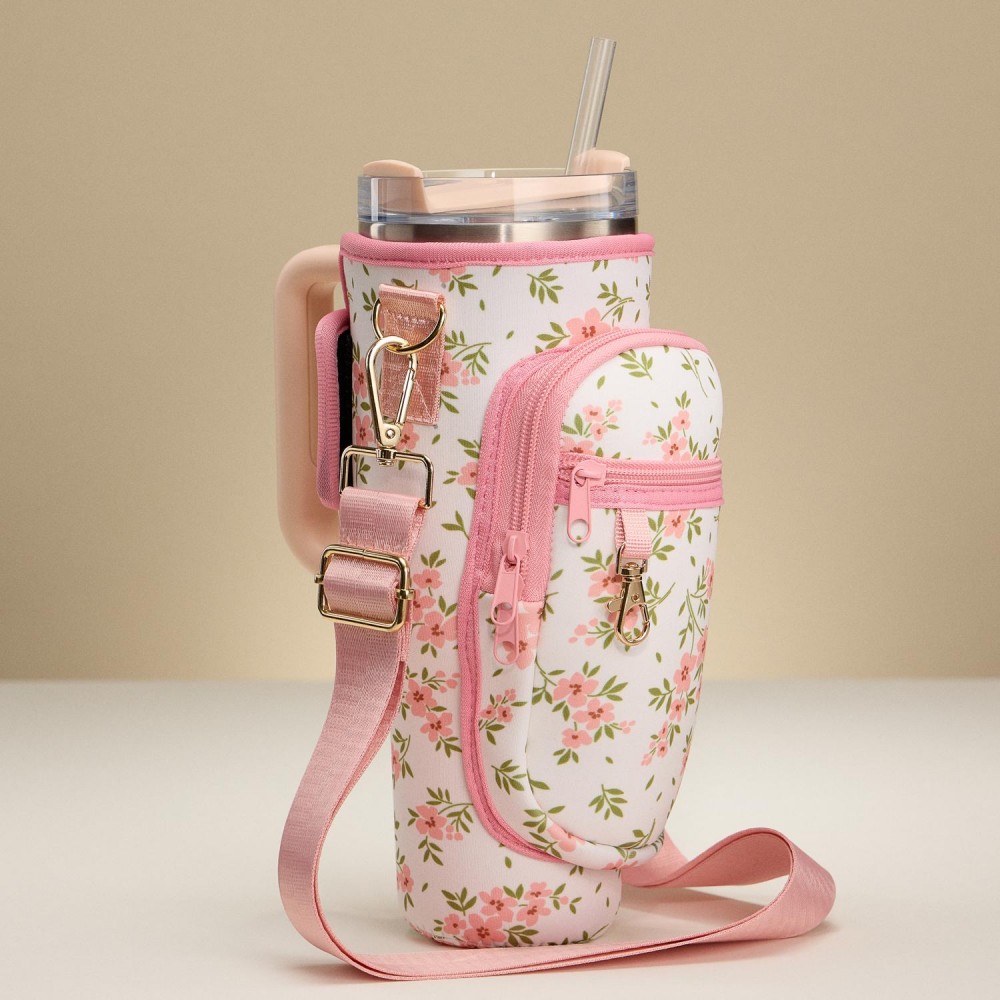 Crossbody Petite Pink Flowers Print Neoprene Tumbler Holder - Fits 40oz Tumbler - Velcro Closure - 2 Zip Pockets - 1 Lobster Claw Clip - Removable Cross Body Strap - Approximately 5" L X 10" T X 3" D view 4
