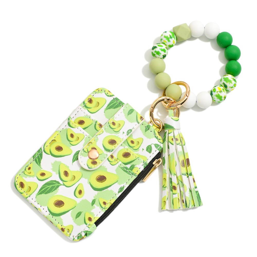 Beaded Bracelet Keyring With Fruit Printed Wallet & Tassel Wallet - License & Two Card Holders - Snap Closure - Approximately 4.5" L X 3.75" T Bracelet - Approximately 3" D view 2