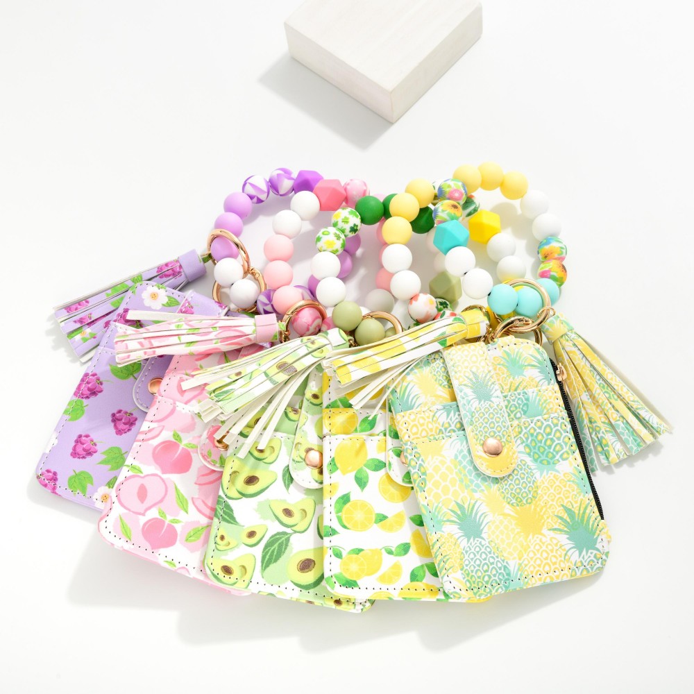 Beaded Bracelet Keyring With Fruit Printed Wallet & Tassel Wallet - License & Two Card Holders - Snap Closure - Approximately 4.5" L X 3.75" T Bracelet - Approximately 3" D view 4