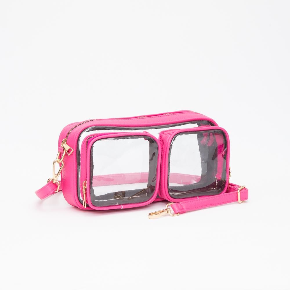 Clear Crossbody Bag With Vegan Leather Trim & Two Clear Outer Pockets - Zip Closure - Removeable Vegan Leather Crossbody Strap - Approximately 10" L X 5.5" T X 2" D view 2