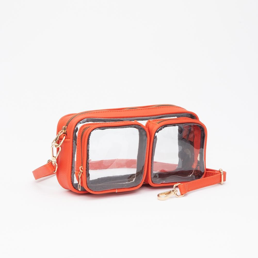 Clear Crossbody Bag With Vegan Leather Trim & Two Clear Outer Pockets - Zip Closure - Removeable Vegan Leather Crossbody Strap - Approximately 10" L X 5.5" T X 2" D view 2
