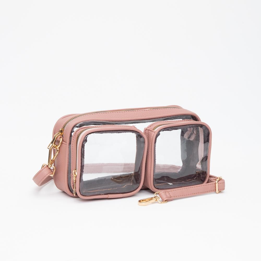 Clear Crossbody Bag With Vegan Leather Trim & Two Clear Outer Pockets - Zip Closure - Removeable Vegan Leather Crossbody Strap - Approximately 10" L X 5.5" T X 2" D view 2