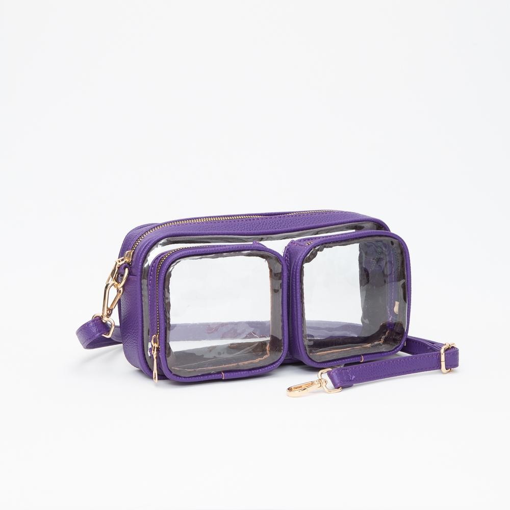 Clear Crossbody Bag With Vegan Leather Trim & Two Clear Outer Pockets - Zip Closure - Removeable Vegan Leather Crossbody Strap - Approximately 10" L X 5.5" T X 2" D view 2