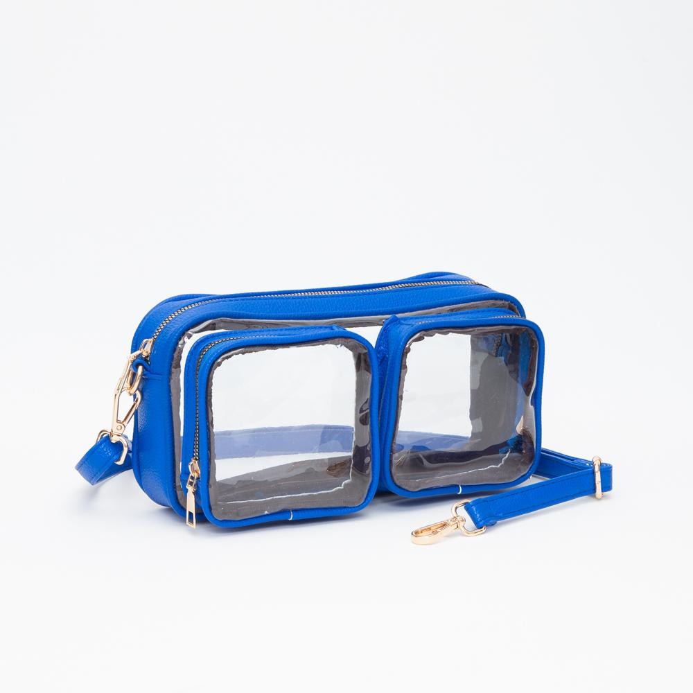 Clear Crossbody Bag With Vegan Leather Trim & Two Clear Outer Pockets - Zip Closure - Removeable Vegan Leather Crossbody Strap - Approximately 10" L X 5.5" T X 2" D view 2