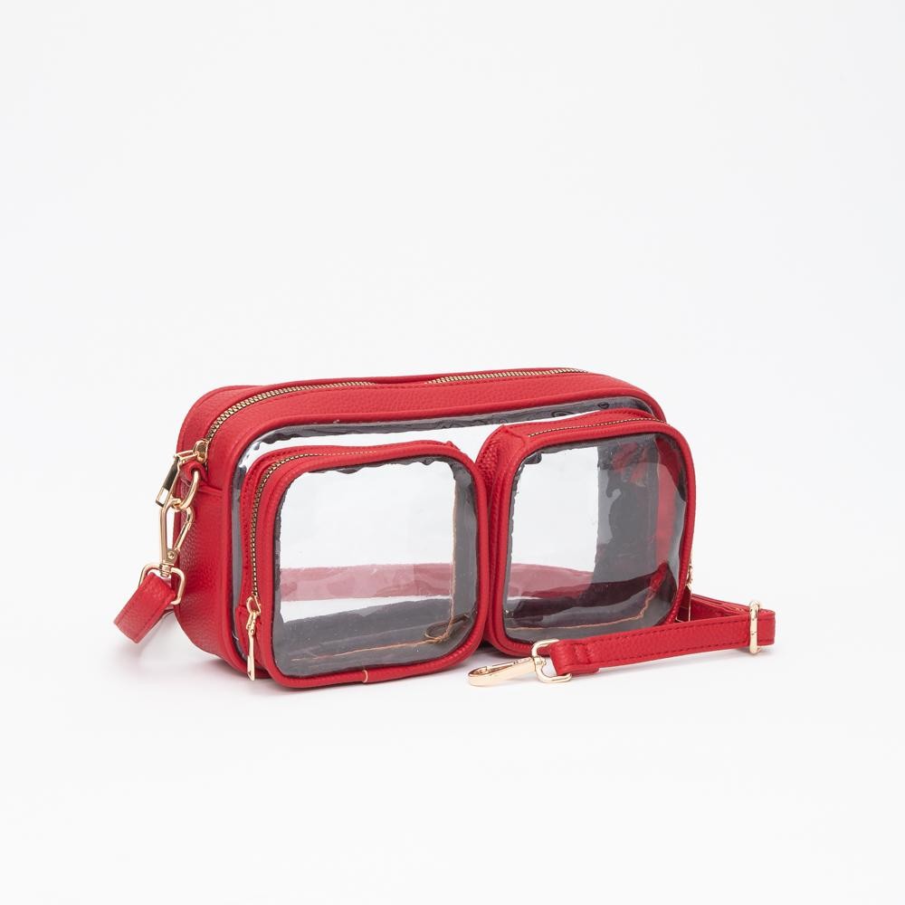 Clear Crossbody Bag With Vegan Leather Trim & Two Clear Outer Pockets - Zip Closure - Removeable Vegan Leather Crossbody Strap - Approximately 10" L X 5.5" T X 2" D view 2