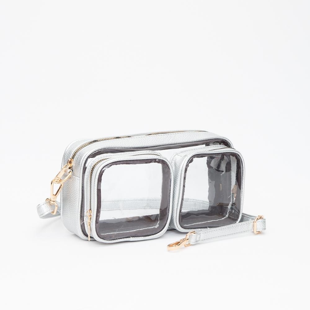 Clear Crossbody Bag With Vegan Leather Trim & Two Clear Outer Pockets - Zip Closure - Removeable Vegan Leather Crossbody Strap - Approximately 10" L X 5.5" T X 2" D view 2