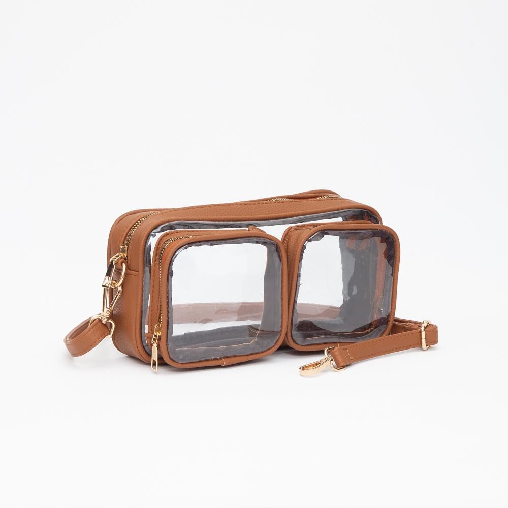 Clear Crossbody Bag With Vegan Leather Trim & Two Clear Outer Pockets - Zip Closure - Removeable Vegan Leather Crossbody Strap - Approximately 10" L X 5.5" T X 2" D view 2