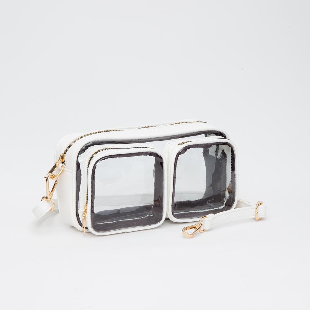Clear Crossbody Bag With Vegan Leather Trim & Two Clear Outer Pockets - Zip Closure - Removeable Vegan Leather Crossbody Strap - Approximately 10" L X 5.5" T X 2" D view 2