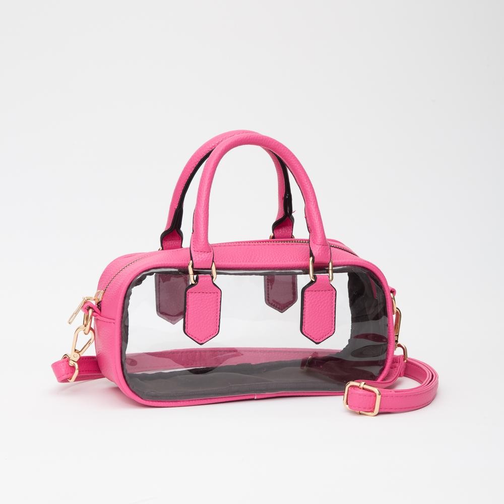 Clear Crossbody Tote Bag With Vegan Leather Trim - Zip Closure - Removeable Vegan Leather Crossbody Strap - Approximately 9" L X 5" T X 3.5" D - Handle Drop 4" L view 2