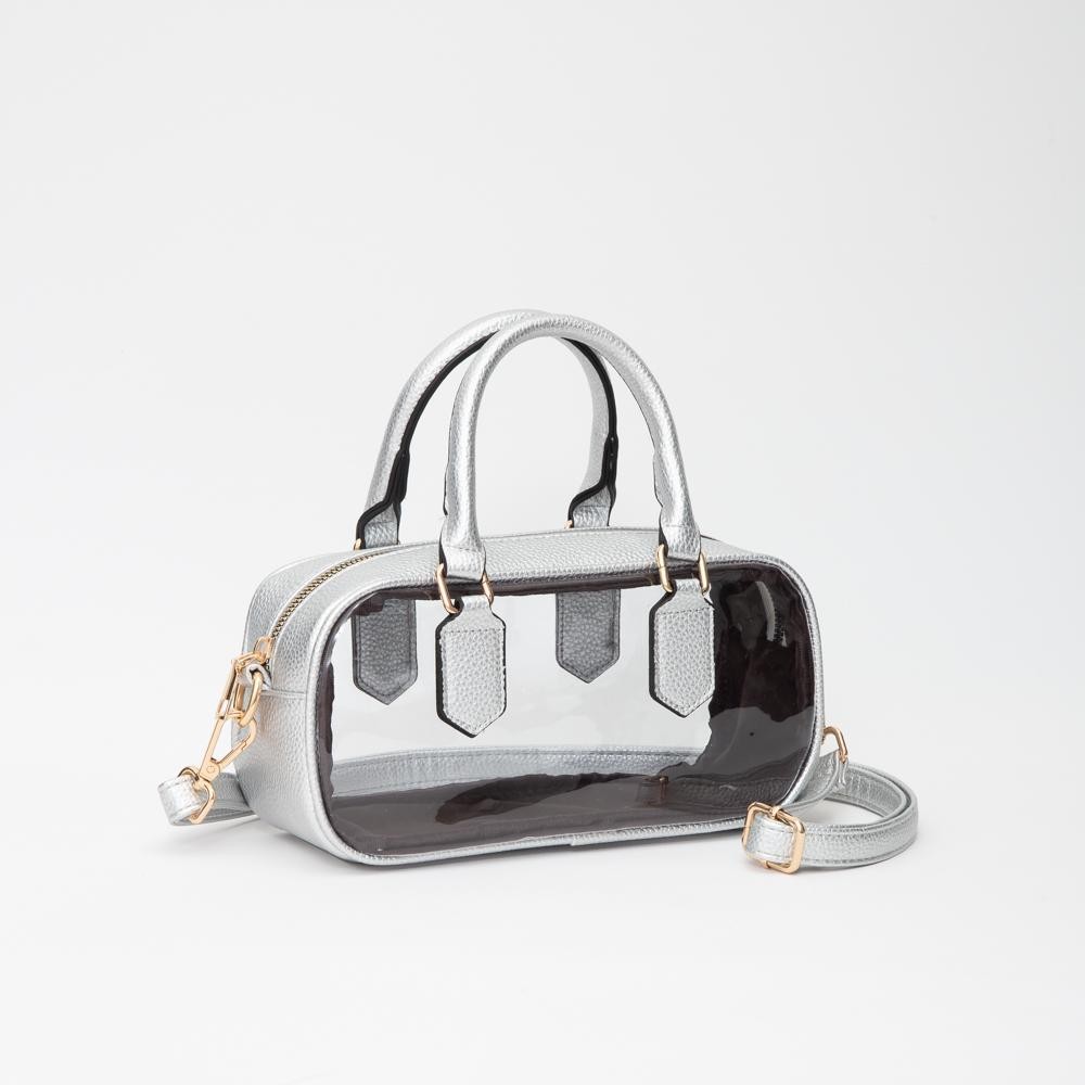 Clear Crossbody Tote Bag With Vegan Leather Trim - Zip Closure - Removeable Vegan Leather Crossbody Strap - Approximately 9" L X 5" T X 3.5" D - Handle Drop 4" L view 2