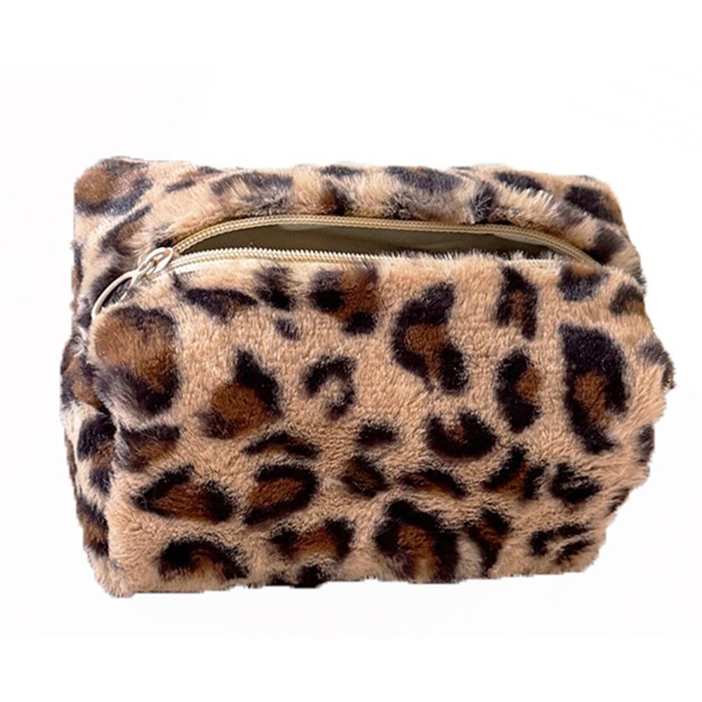 Furry Leopard Print Pouch - Full Zip Closure - Lined Body - Approximately 7" L X 5" T X 4" D view 2