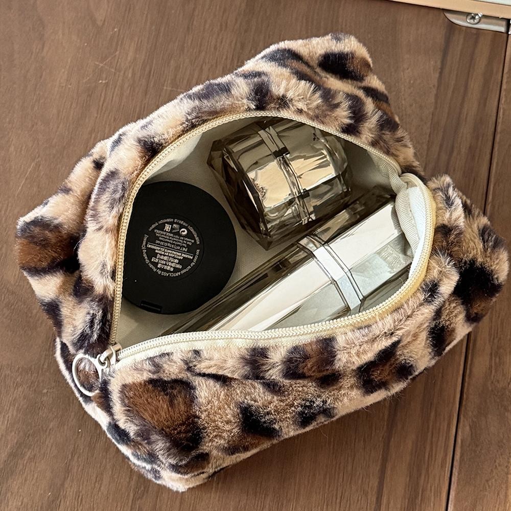 Furry Leopard Print Pouch - Full Zip Closure - Lined Body - Approximately 7" L X 5" T X 4" D view 4