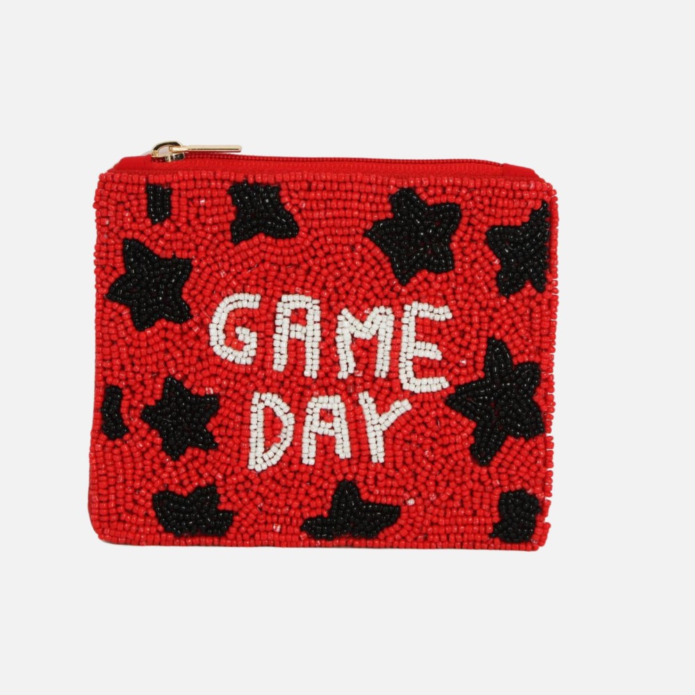 "GAME DAY" & Stars Seed Beaded Canvas Pouch - Fully Lined Inside - 100% Cotton Bag - Approximately 5.5" L X 4.5" T view 2