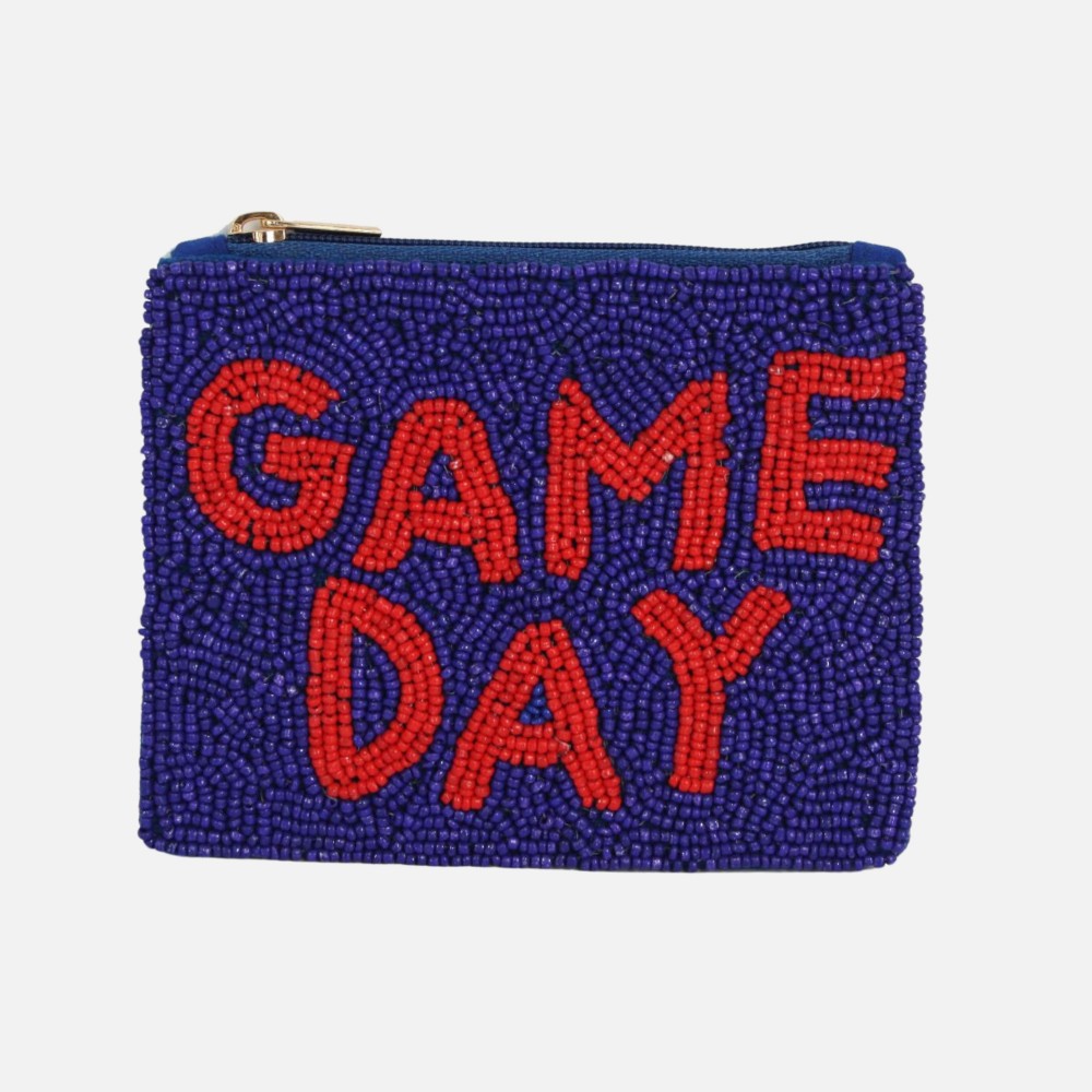 "GAME DAY" Beaded Canvas Pouch - Fully Lined Inside - 100% Cotton Bag - Approximately 5.5" L X 4.5" T view 2