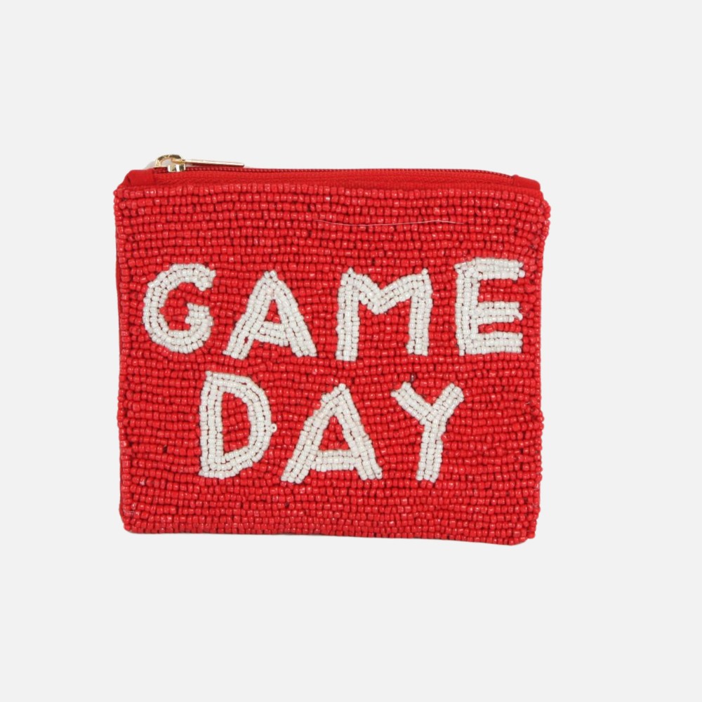 "GAME DAY" Beaded Canvas Pouch - Fully Lined Inside - 100% Cotton Bag - Approximately 5.5" L X 4.5" T view 2