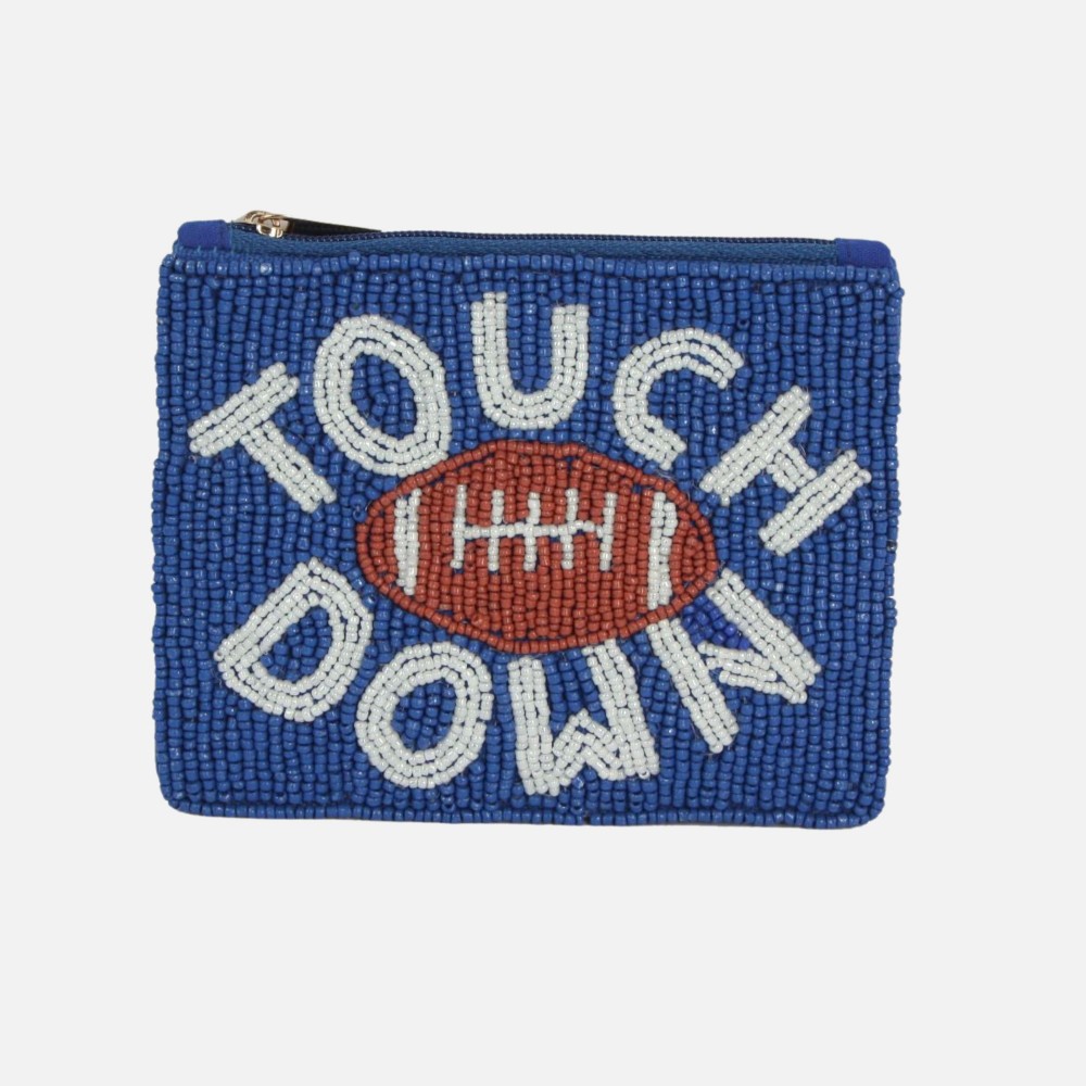 "TOUCH DOWN" & Football Seed Beaded Canvas Pouch - Fully Lined Inside - 100% Cotton Bag - Approximately 5.5" L X 4.5" T view 2